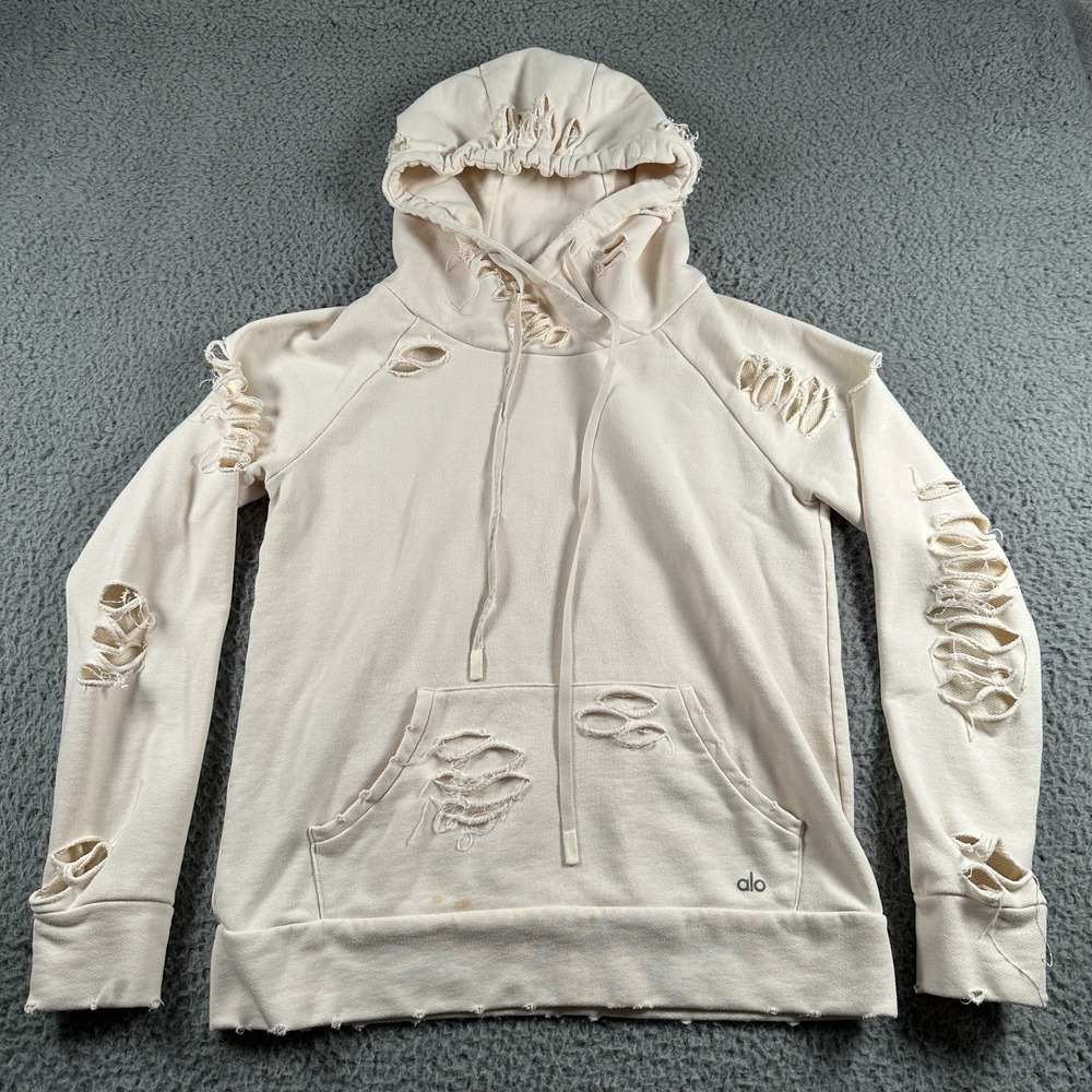 ALO Hoodie Distressed Shredded Beige Womens XS Sweatshirt Ripped Style Flaw